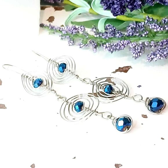 Boho Statement Cobalt Blue Dangle Earrings, Glass Beaded, Artisan 3.5" - Picture 7 of 8